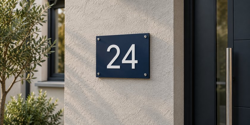 Синяя адресная табличка с номером 24 на фасаде дома