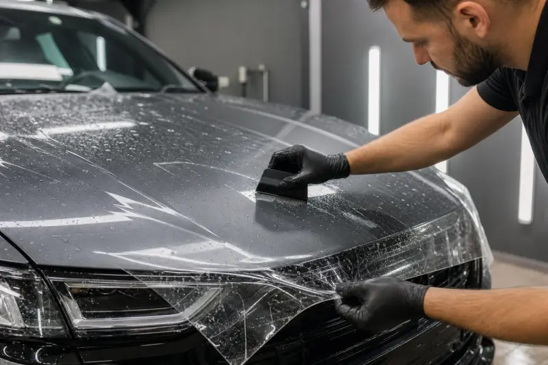 Монтаж прозрачной полиуретановой пленки на капот автомобиля в студии