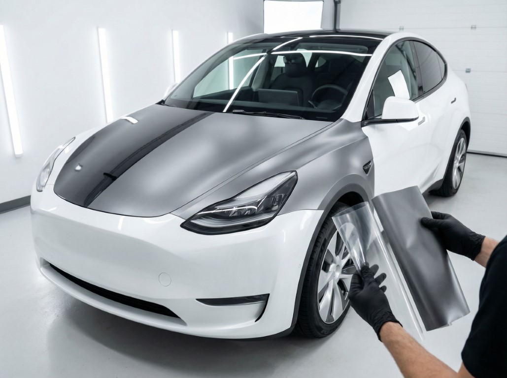 Процесс нанесения черной пленки на светлый автомобиль