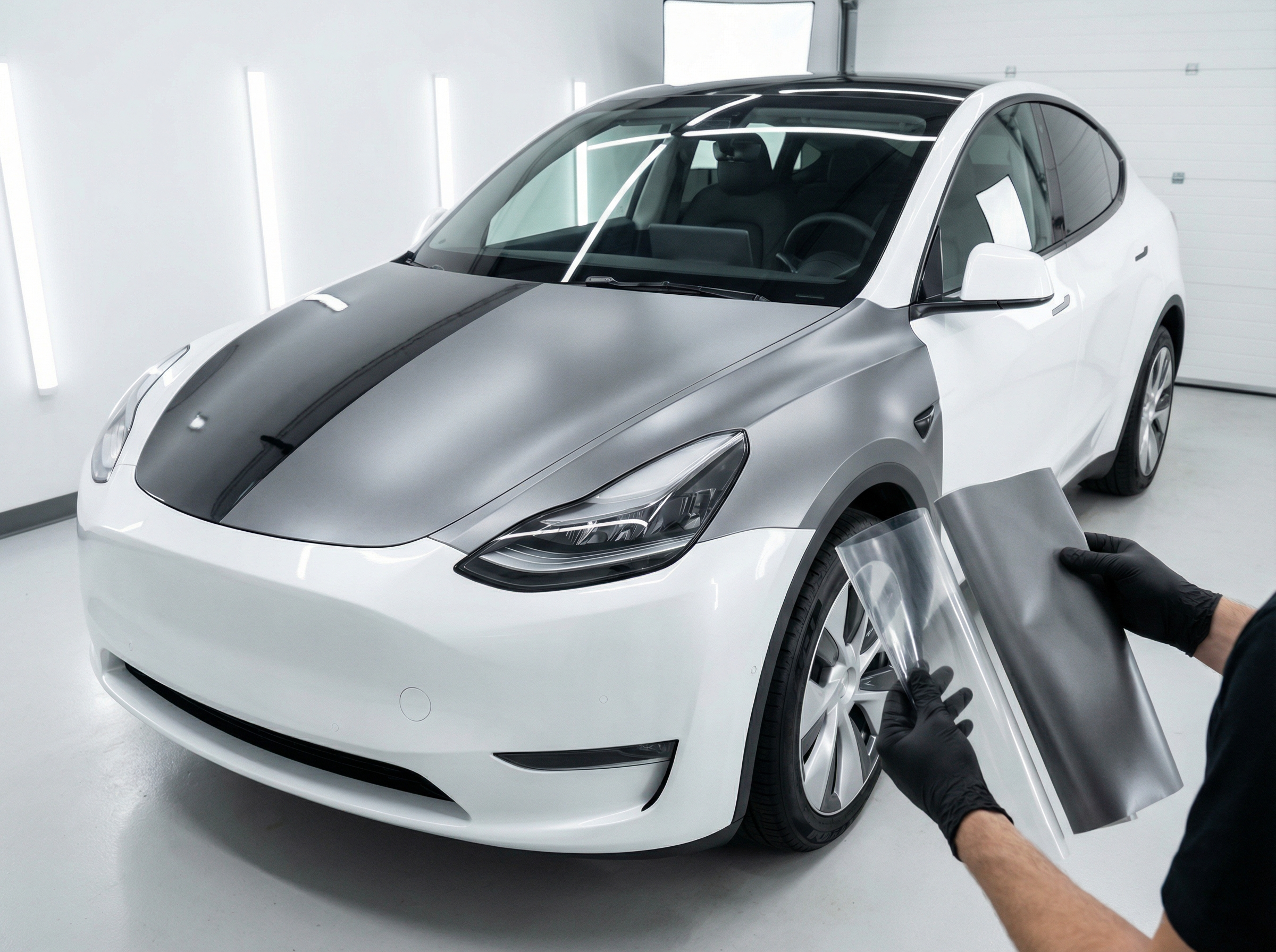 Процесс нанесения черной пленки на светлый автомобиль