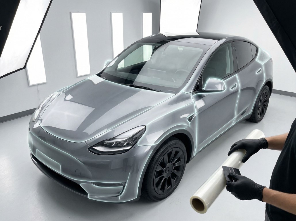 Автомобиль и рядом человек держит в руках антигравийную пленку