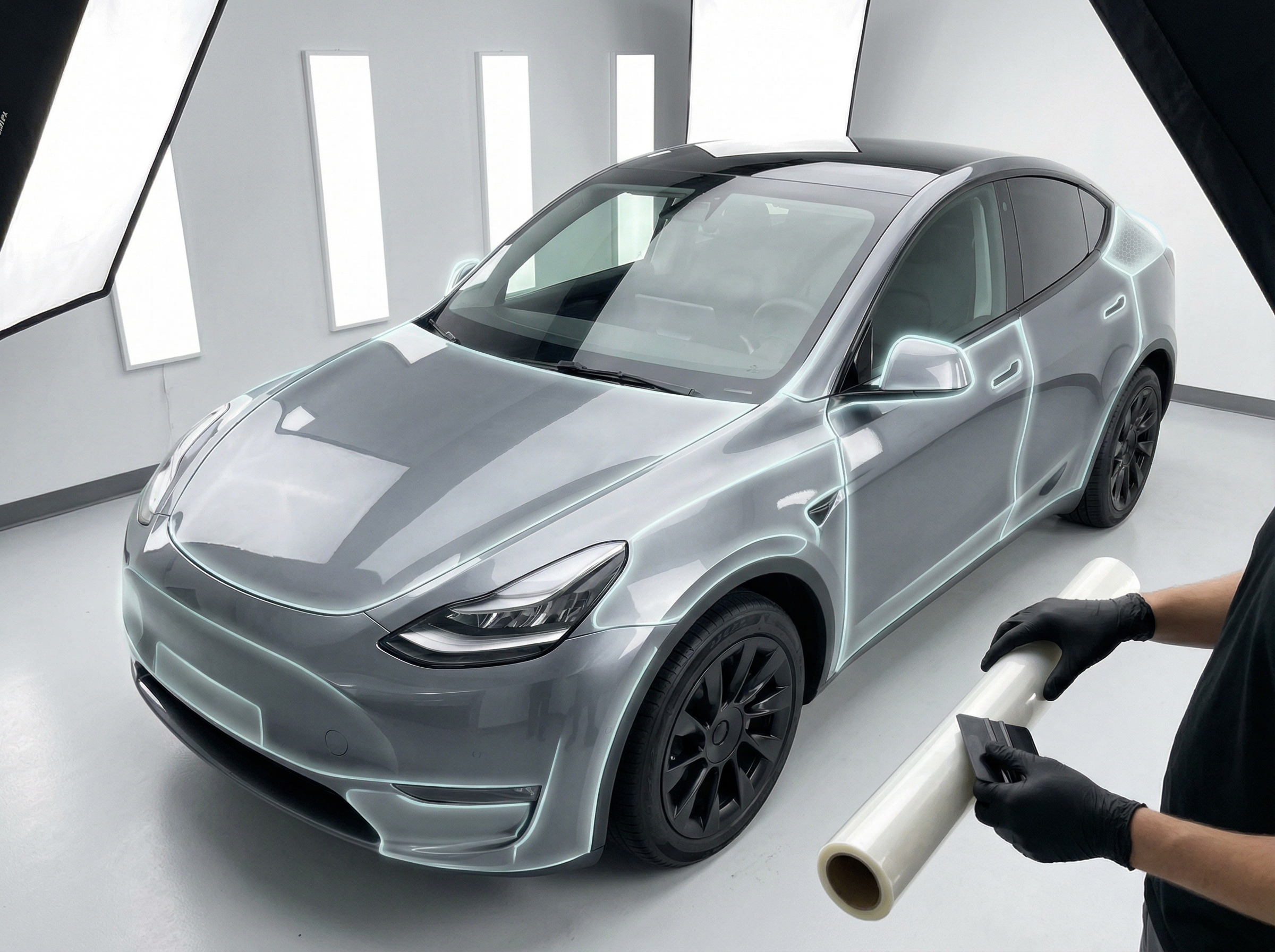 Автомобиль и рядом человек держит в руках антигравийную пленку