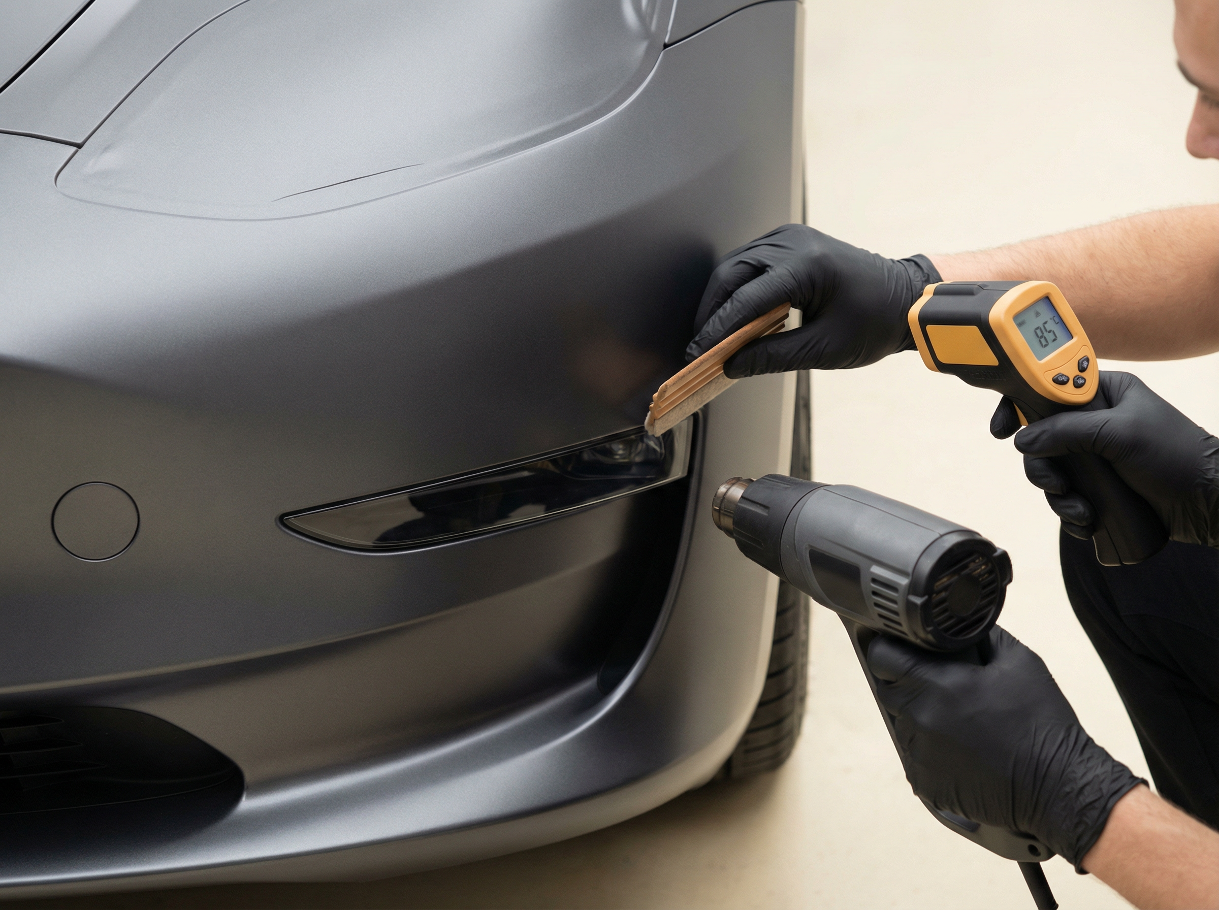 Процесс постнагрева пленки на автомобиле серого цвета феном