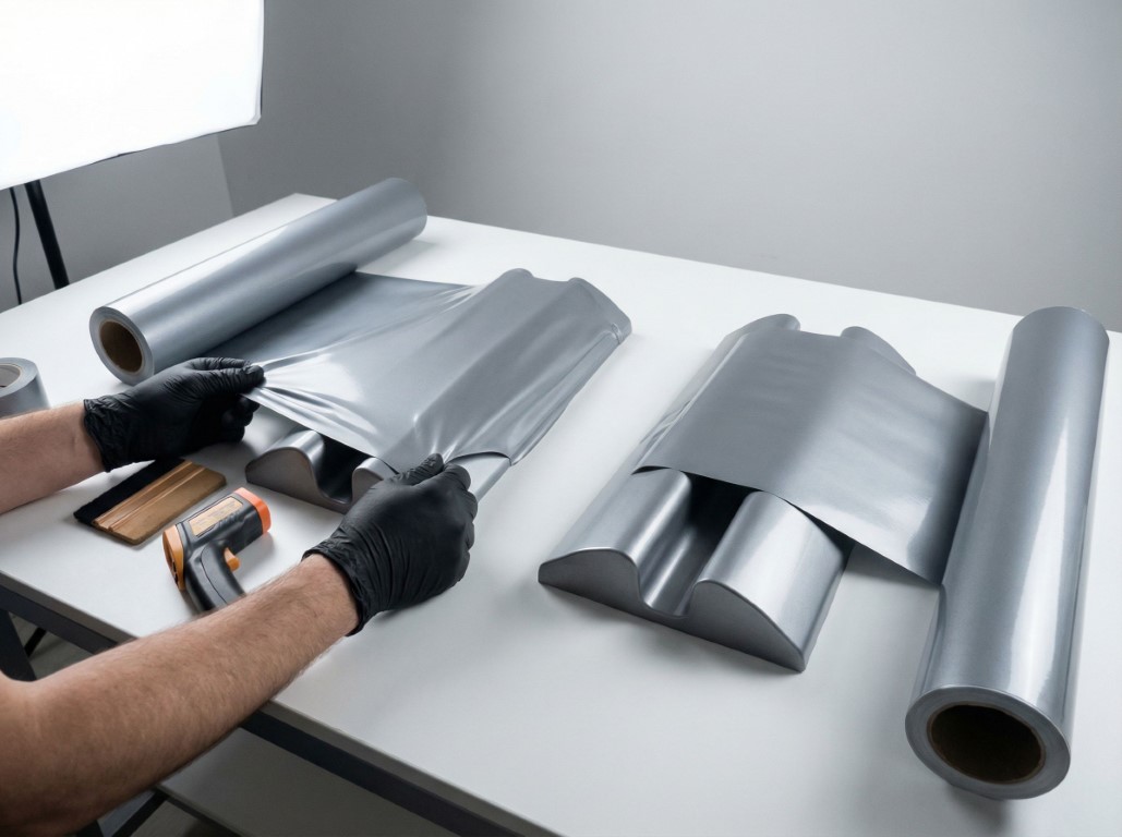 Литая и каландровая пленки на столе, сравнение пленок виниловых