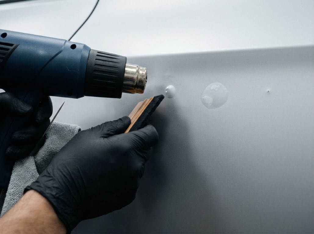 Пузырьки под пленкой, мастер греет феном и проводит ракелем для устранения пузырей