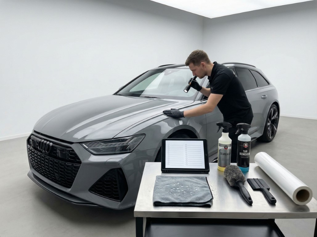 Подготовленый автомобиль под поклейку виниловой пленки в студии оклейки