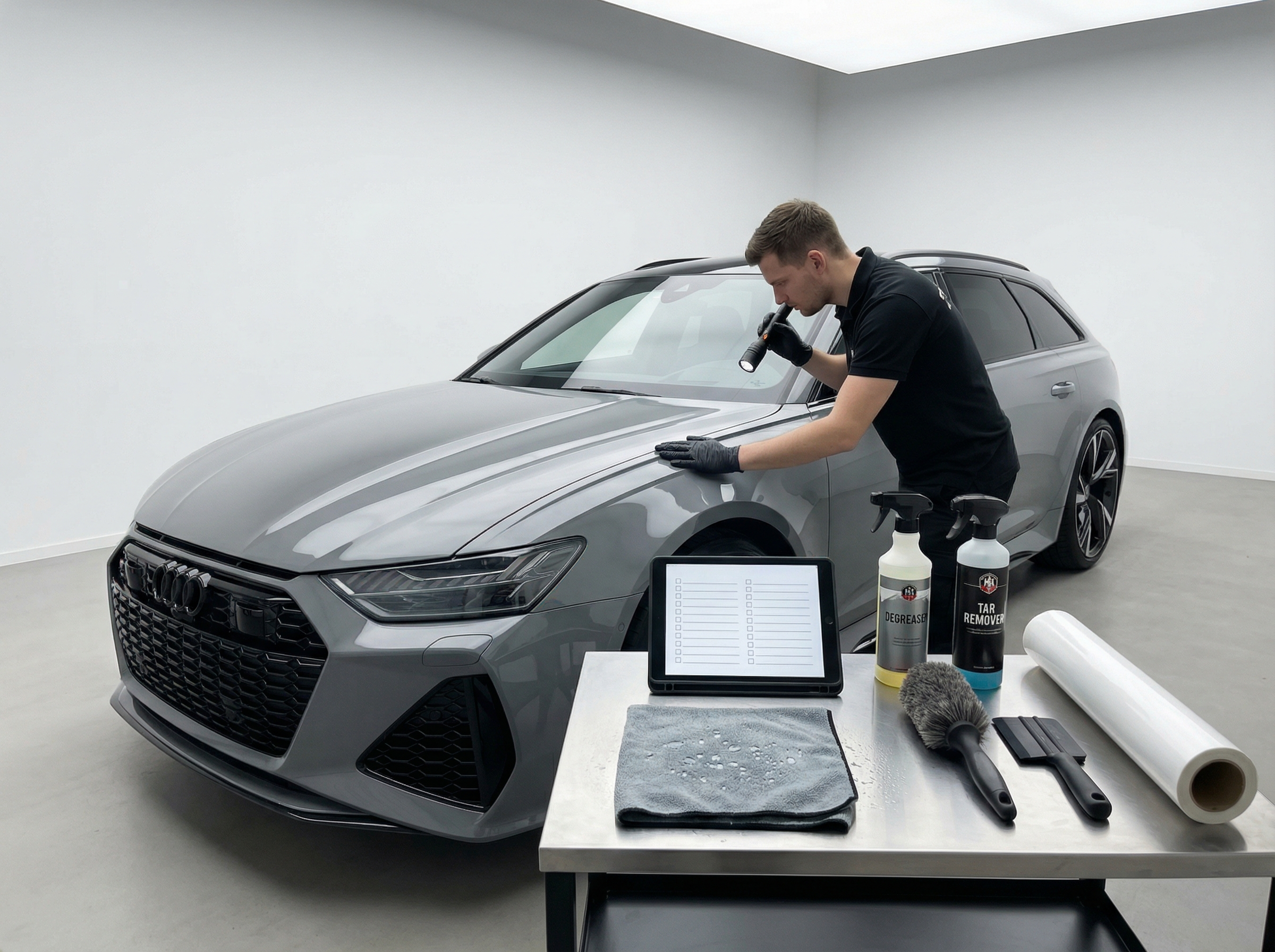 Подготовленый автомобиль под поклейку виниловой пленки в студии оклейки