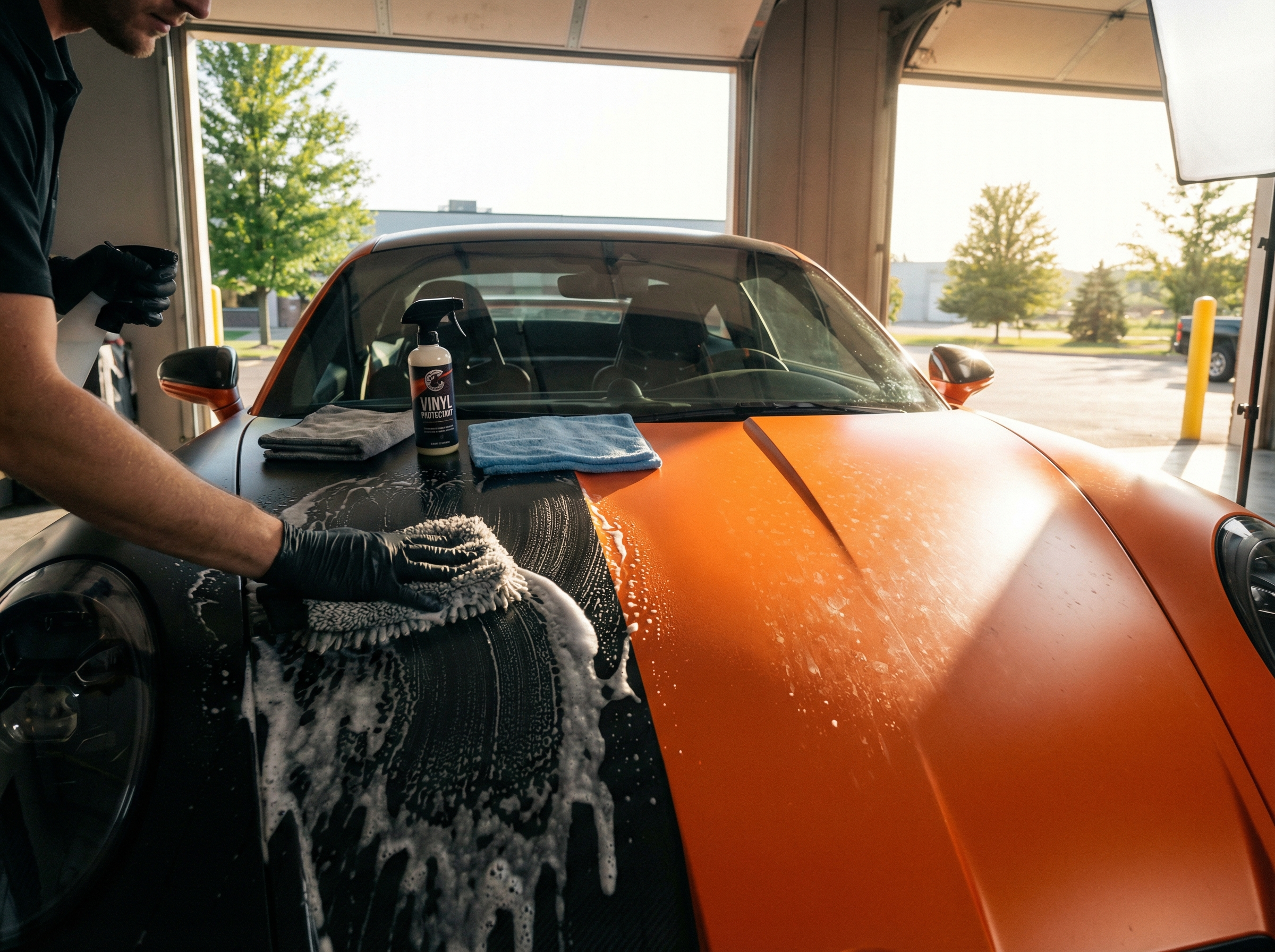 Эксплуатация автомобиля желтого цвета в пленке летом, показано как мыть пленку