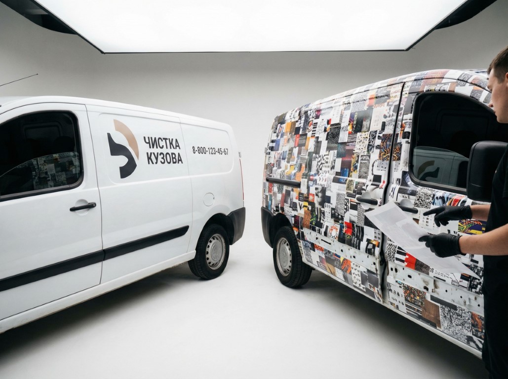 Два автомобиля, слева малозаметный, справа покрыт рекламным винилом