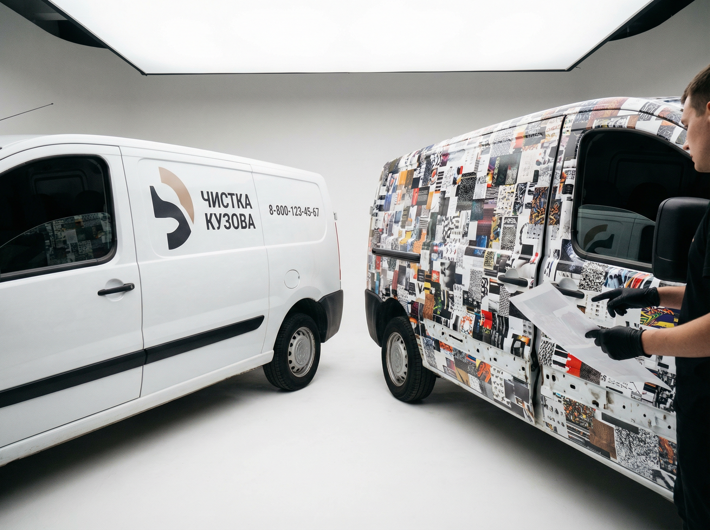 Два автомобиля, слева малозаметный, справа покрыт рекламным винилом