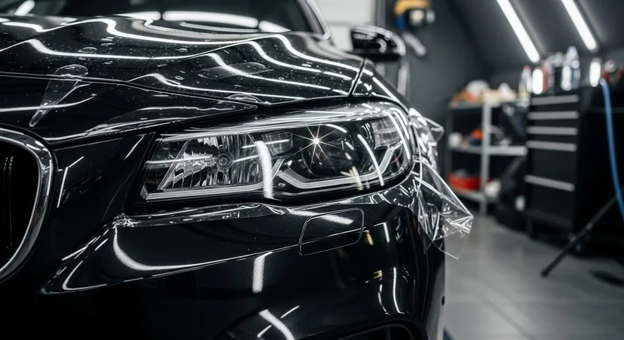 Фара автомобиля после оклейки прозрачной защитной плёнкой